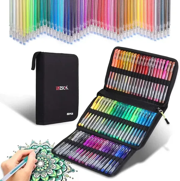 ZSCM Gel Pens for Adult Coloring Books, Glitter Neon Gel Pens Set Include 60 Colors Gel Marker Pens, 60 Matching Color Refills, for Kids Drawing Gift